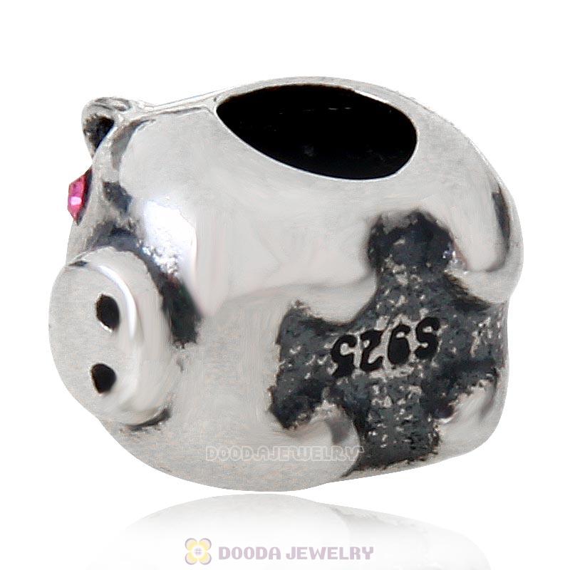925 Sterling Silver Cute Pig with Emerald Love Crystal Charm Bead