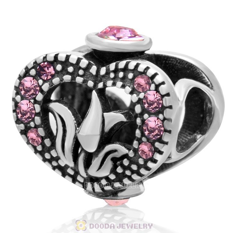 Love Tulip 925 Sterling Silver Heart Bead with Lt Rose Crystal