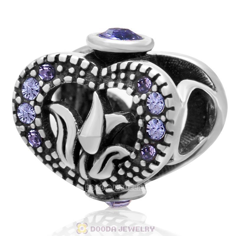 Love Tulip 925 Sterling Silver Heart Bead with Tanzanite Crystal