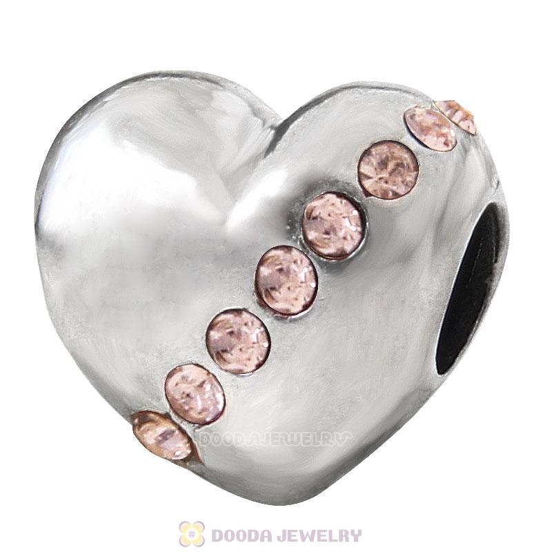 925 Sterling Silver Lt Peach Crystal Sister Heart Love Bead