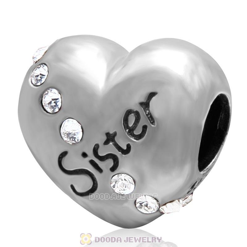 925 Sterling Silver Clear Crystal Sister Heart Love Bead