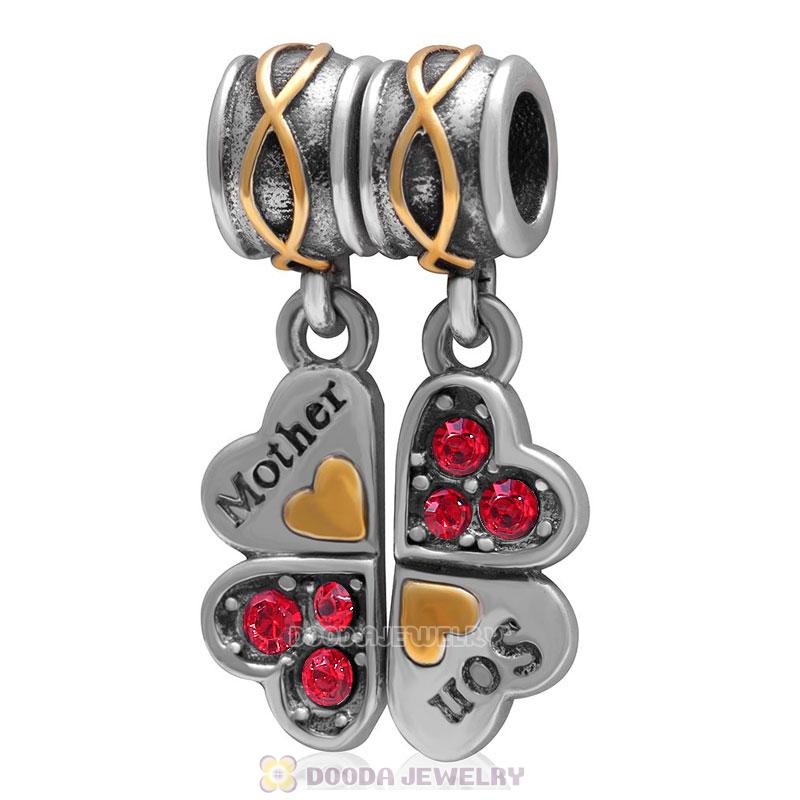 925 Sterling Silver Mother Son Lt Siam Crystal Clover Dangle Bead Charm 