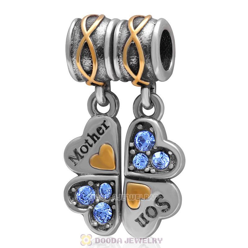 925 Sterling Silver Mother Son Sapphire Crystal Clover Dangle Bead Charm 