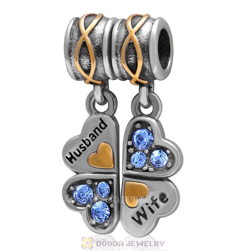 925 Sterling Silver Wife Husband Sapphire Crystal Clover Dangle Bead Charm 