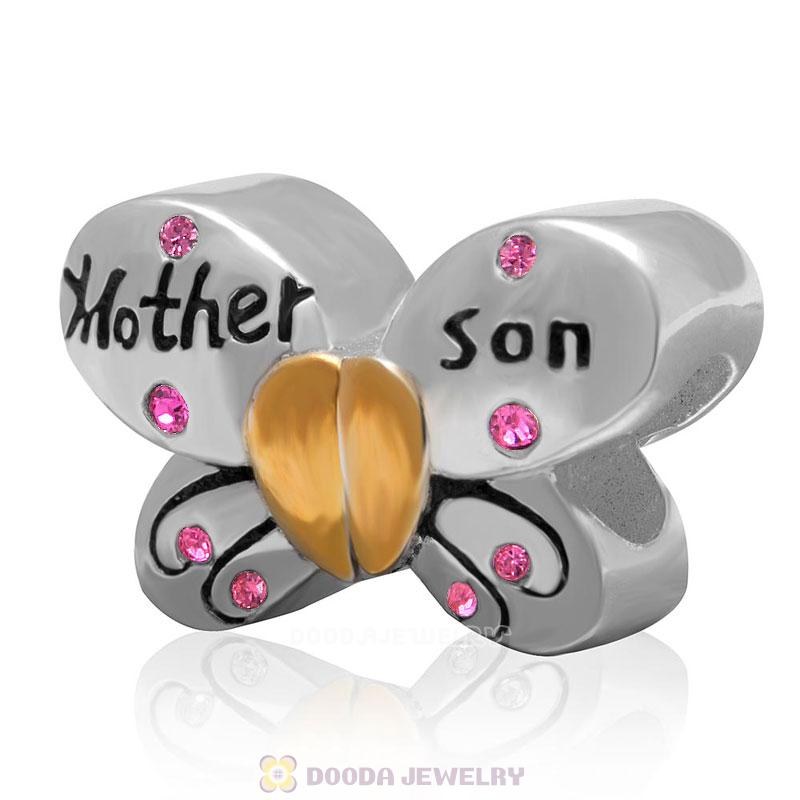 1 Pair Sterling Silver Gold Plated Mother Son Butterfly Bead with Rose Austrian Crystal