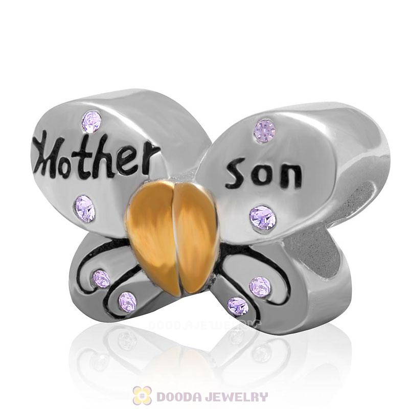 1 Pair Sterling Silver Gold Plated Mother Son Butterfly Bead with Violet Austrian Crystal
