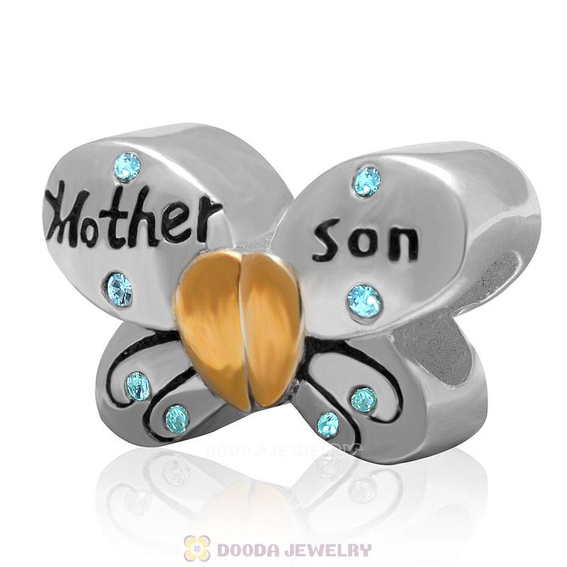 1 Pair Sterling Silver Gold Plated Mother Son Butterfly Bead with Aquamarine Austrian Crystal