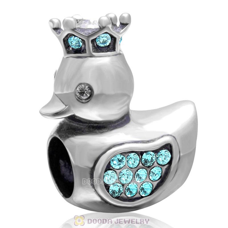 Pleasing Duck Crown Aquamarine Crystal Charm 925 Sterling Silver 