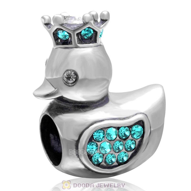 Pleasing Duck Crown Blue Zircon Crystal Charm 925 Sterling Silver 