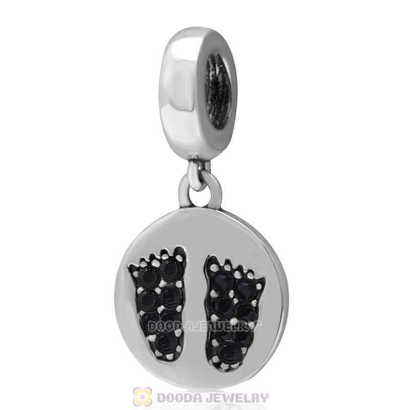 925 Sterling Silver Jet Crystal Pave Dangle Baby Feet Charm 