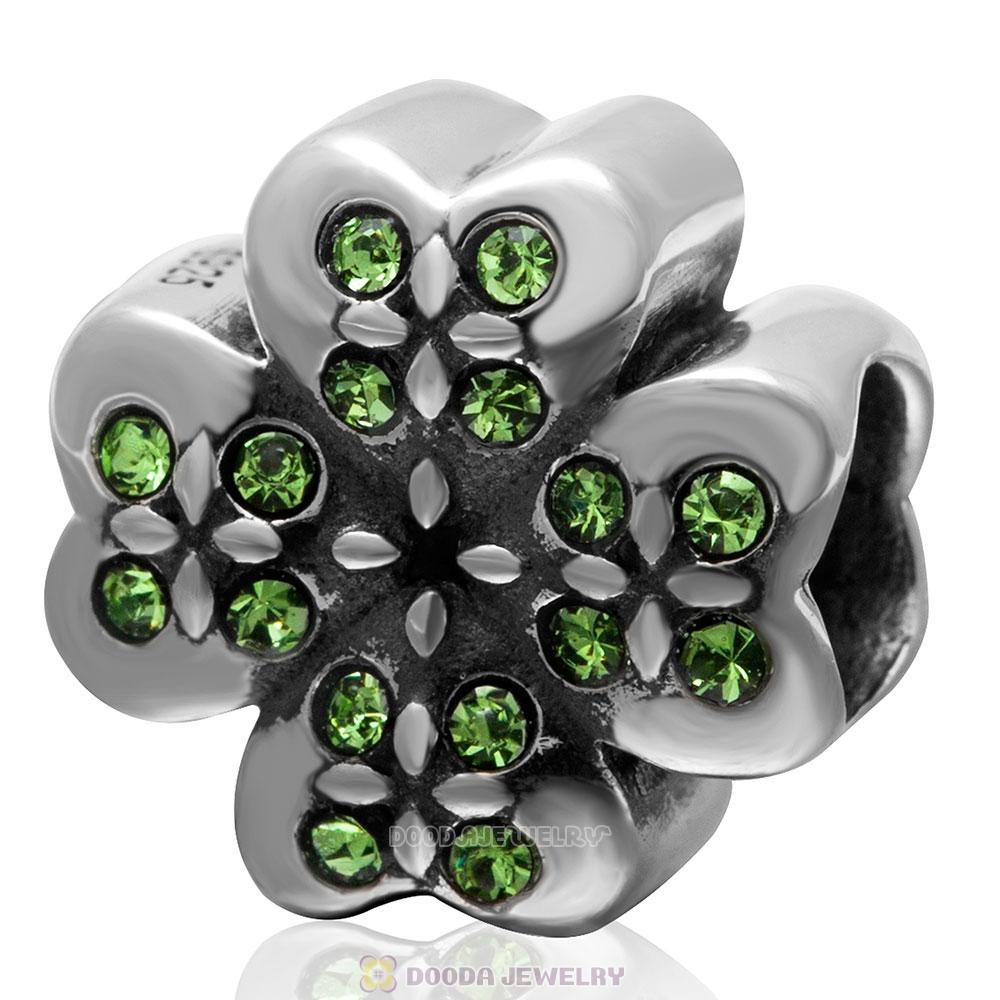 925 Sterling Silver Lucky Four Leaf Clover with Peridot Crystal Charm Bead
