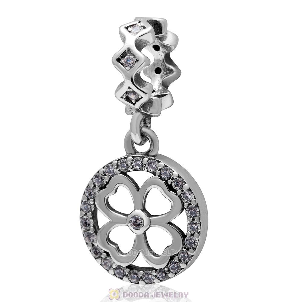 925 Sterling Silver Lucky Clover Dangle Charm Clear Cz
