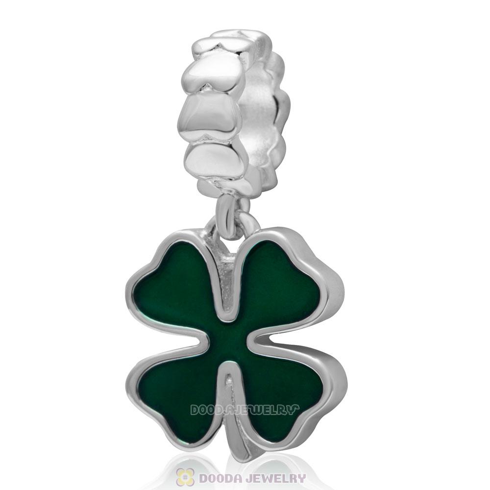 925 Sterling Silver Green Lucky Clover with Enamel Dangle Charm 
