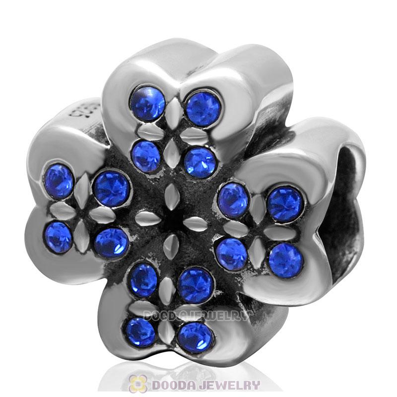 925 Sterling Silver Lucky Four Leaf Clover with Sapphire Crystal Charm Bead