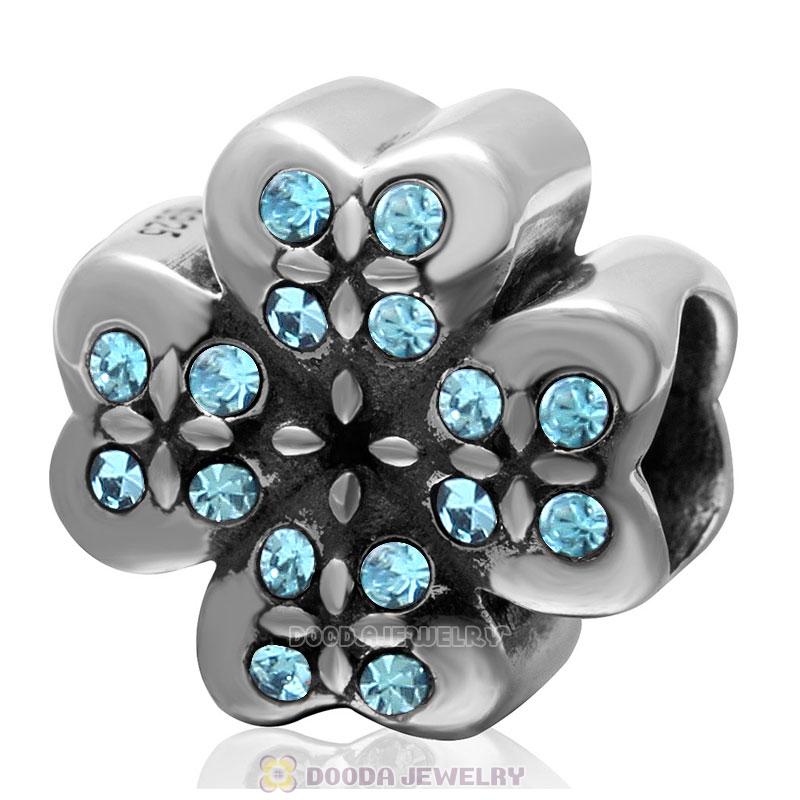 925 Sterling Silver Lucky Four Leaf Clover with Aquamarine Crystal Charm Bead