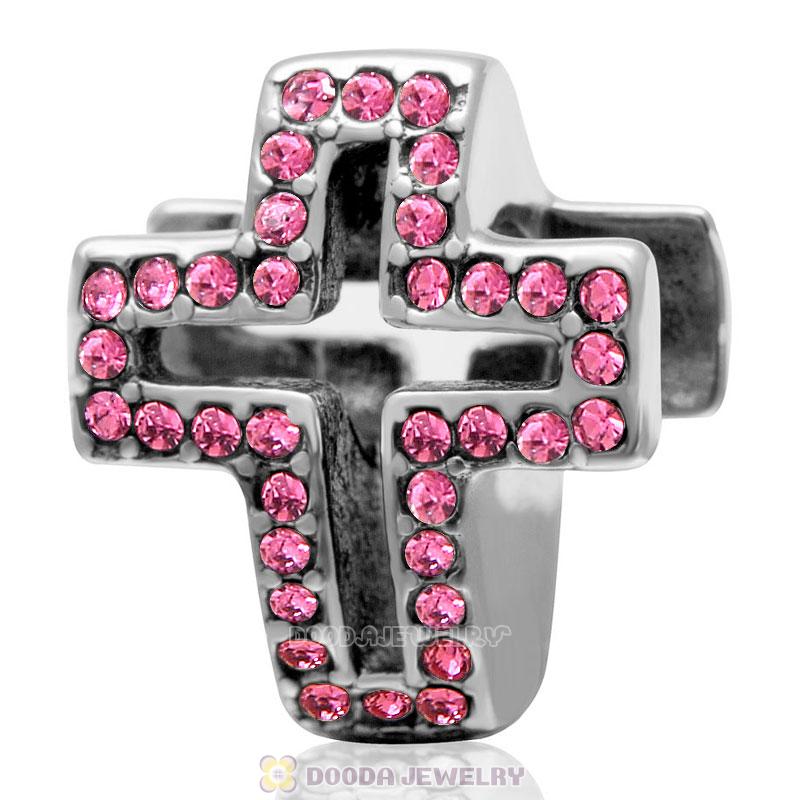 Rose Crystal Pave Christian Cross Charm 925 Sterling Silver 