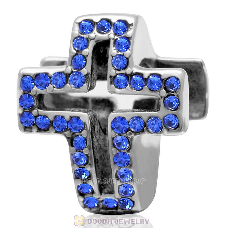 Sapphire Crystal Pave Christian Cross Charm 925 Sterling Silver 
