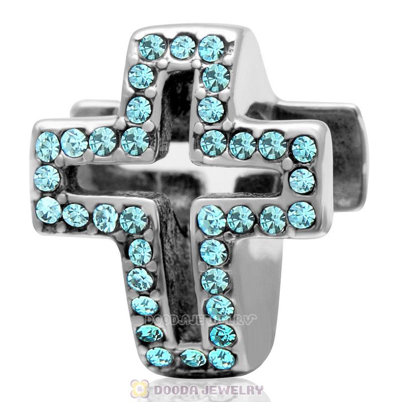 Aquamarine Crystal Pave Christian Cross Charm 925 Sterling Silver 