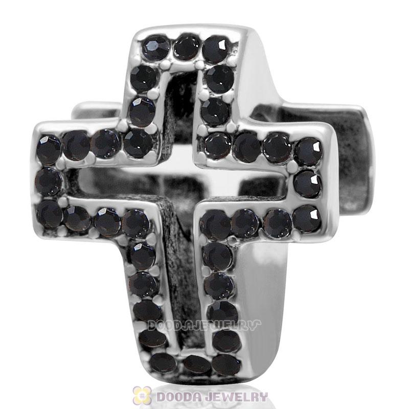 Jet Crystal Pave Christian Cross Charm 925 Sterling Silver 
