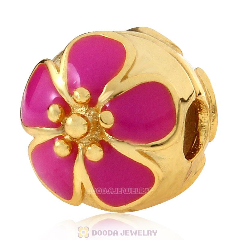 Gold Plated Sterling Silver Cherry Blossom Rose Enamel Clip Beads 
