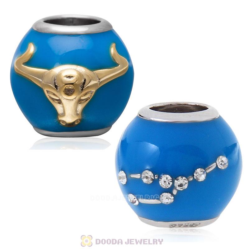 925 Sterling Silver Blue Enamel Charm Zodiac Sign Taurus Bead 