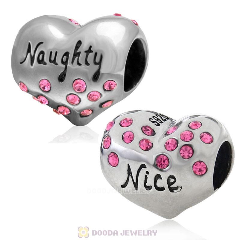 925 Sterling Silver Nice or Naughty Heart Bead with Rose Crystal 