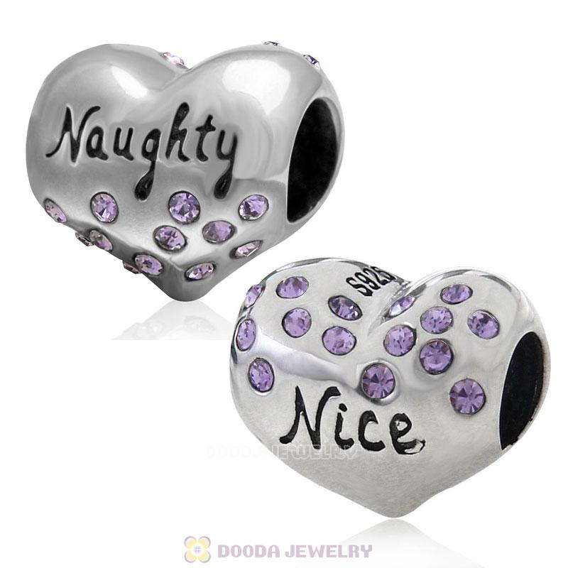 925 Sterling Silver Nice or Naughty Heart Bead with Tanzanite Crystal 