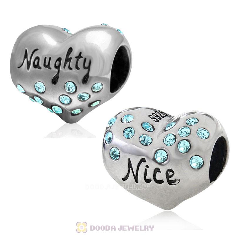 925 Sterling Silver Nice or Naughty Heart Bead with Aquamarine Crystal 
