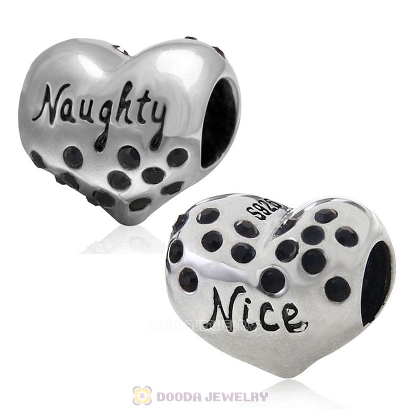 925 Sterling Silver Nice or Naughty Heart Bead with Jet Crystal 