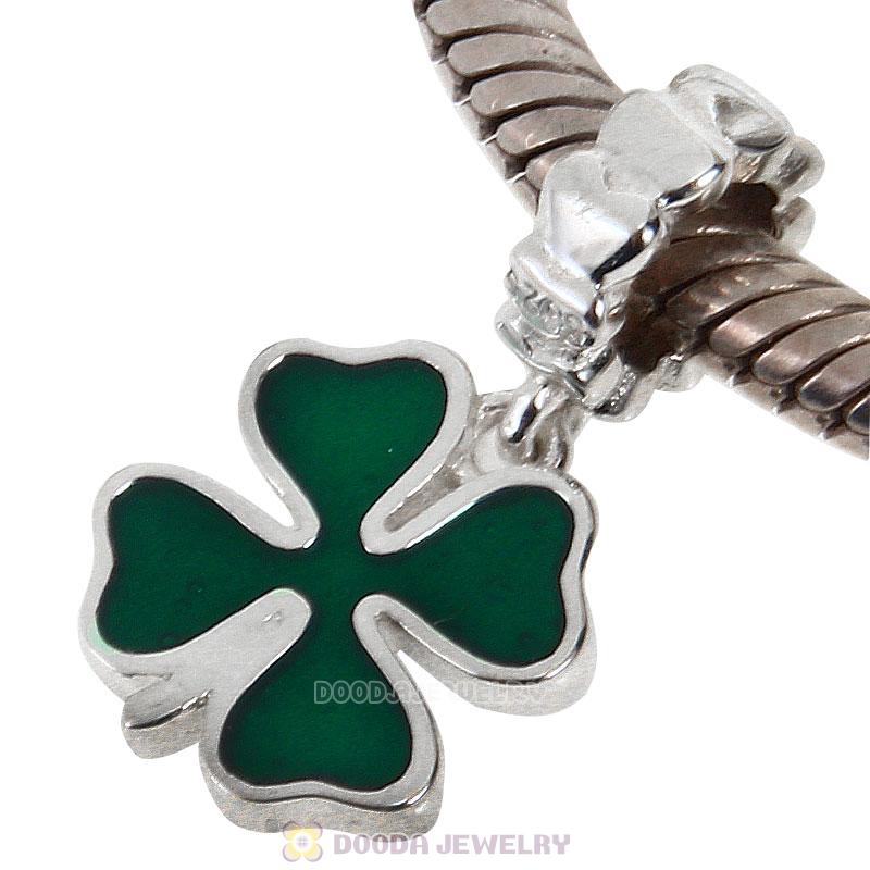 925 Sterling Silver Green Lucky Clover with Enamel Dangle Charm 