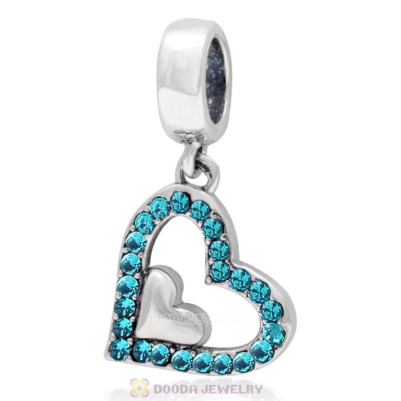 925 Sterling Silver Blue Zircon Crystal Heart Pendant Charm