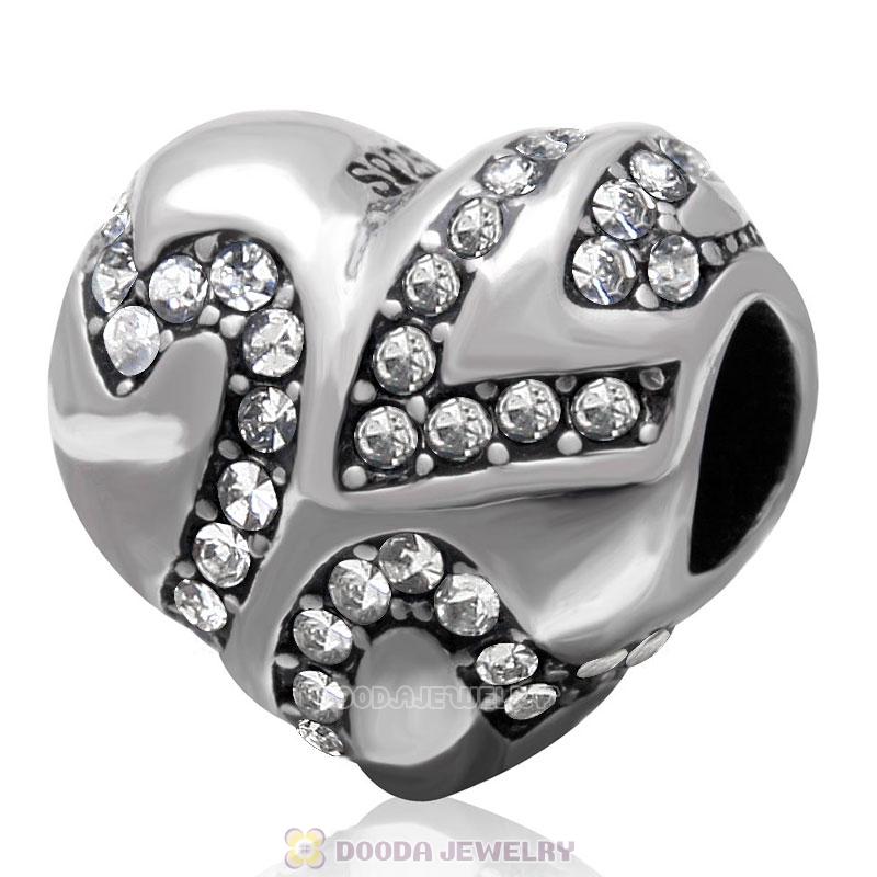 European Style Sterling Silver Heart Bead with Clear Crystal 