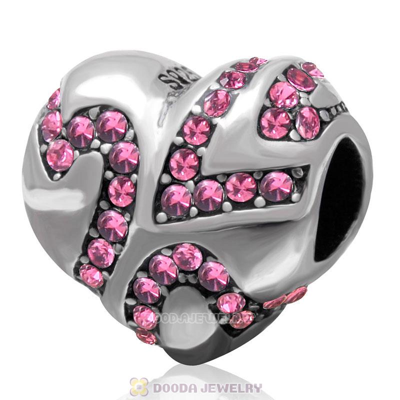 European Style Sterling Silver Heart Bead with Rose Crystal 
