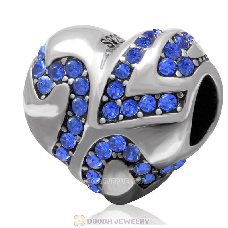 European Style Sterling Silver Heart Bead with Sapphire Crystal 