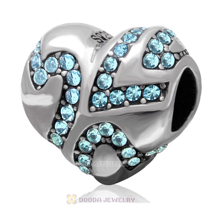 European Style Sterling Silver Heart Bead with Aquamarine Crystal 