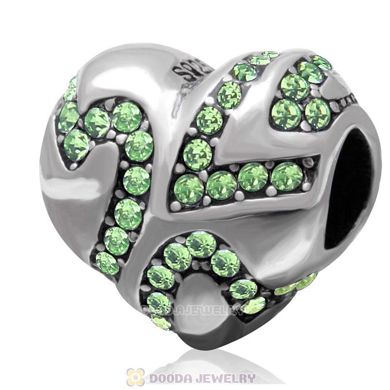 European Style Sterling Silver Heart Bead with Peridot Crystal 