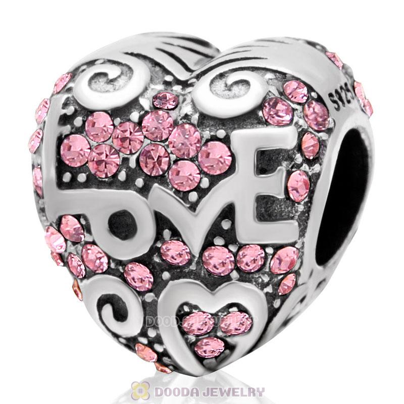 Heart with Love Charm Lt Rose Austrian Crystal Bead 925 Sterling Silver