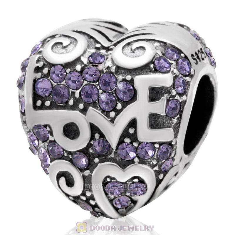 Heart with Love Charm Tanzanite Austrian Crystal Bead 925 Sterling Silver
