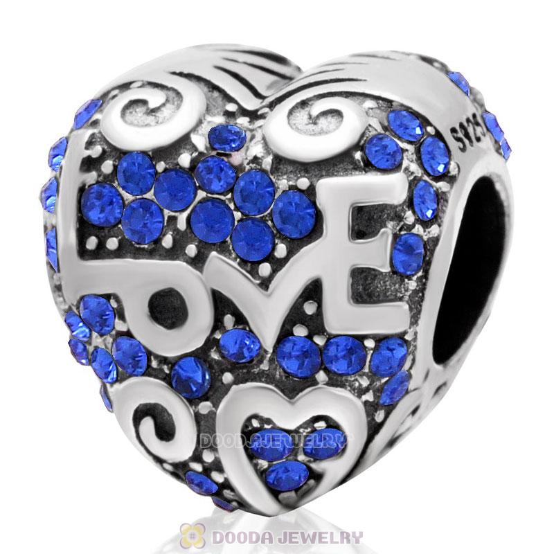 Heart with Love Charm Sapphire Austrian Crystal Bead 925 Sterling Silver