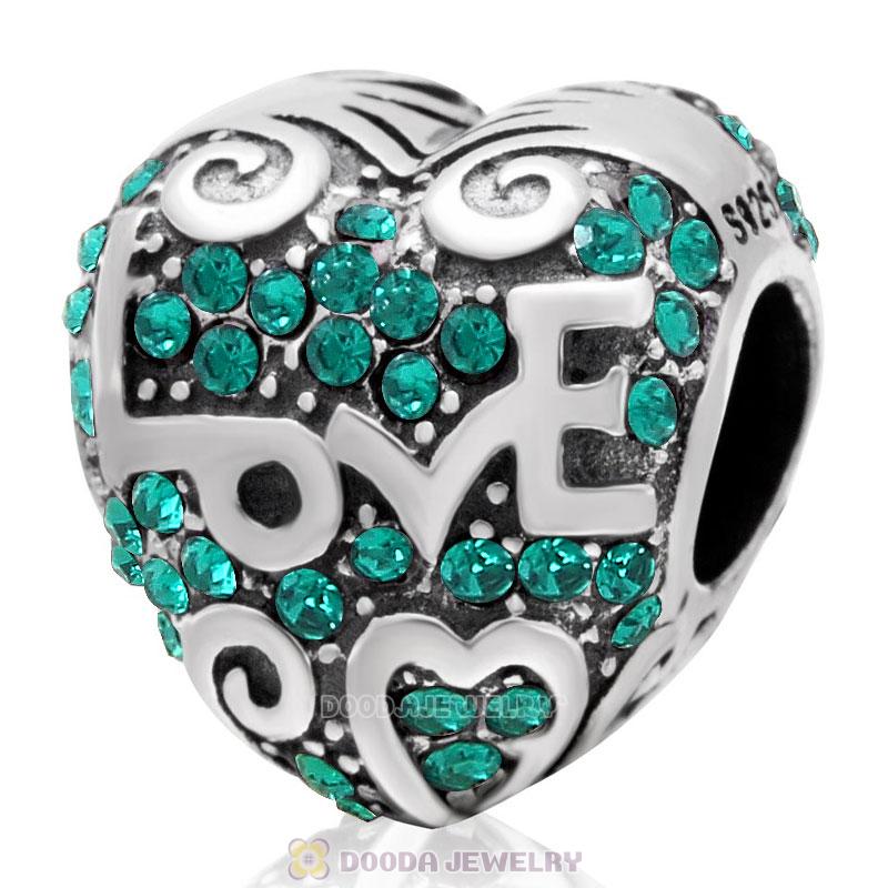 Heart with Love Charm Emerald Austrian Crystal Bead 925 Sterling Silver