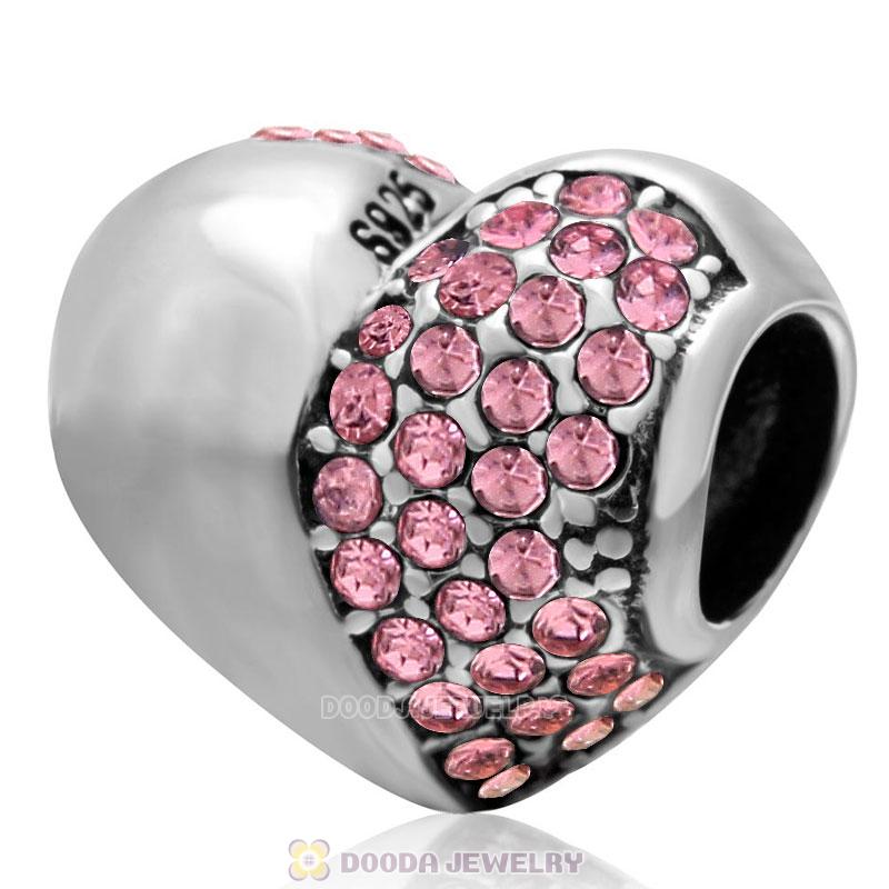 925 Sterling Silver Lt Rose Sparkly Crystal Heart Bead 