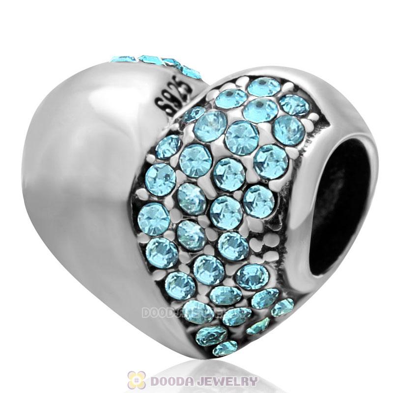 925 Sterling Silver Aquamarine Sparkly Crystal Heart Bead 
