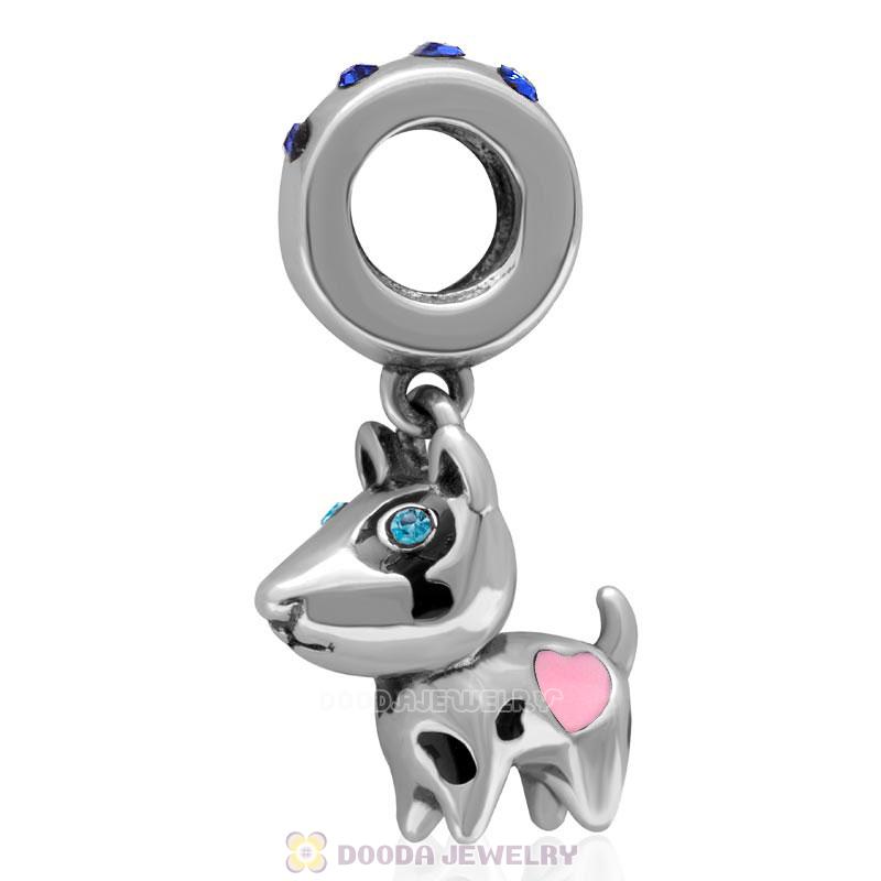 925 Sterling Silver Lovely Doggie with Sapphire Crystal  Dangle Charm 