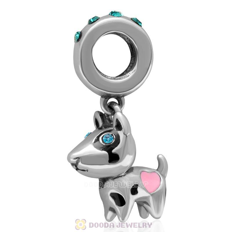 925 Sterling Silver Lovely Doggie with Blue Zircon Crystal  Dangle Charm 