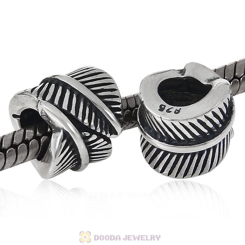 Antique Sterling Silver Feather Charm Bead European Spacers 