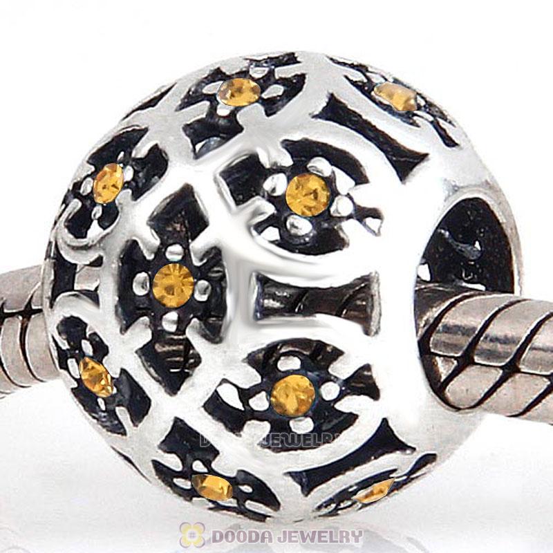 Sterling Silver Intricate Lattice Bead with Topaz Austrian Crystal