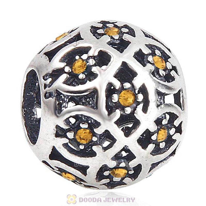 Sterling Silver Intricate Lattice Bead with Topaz Austrian Crystal