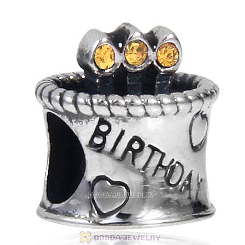European Antique Sterling Silver Birthday Cake Charm Beads with Topaz Austrian Crystal