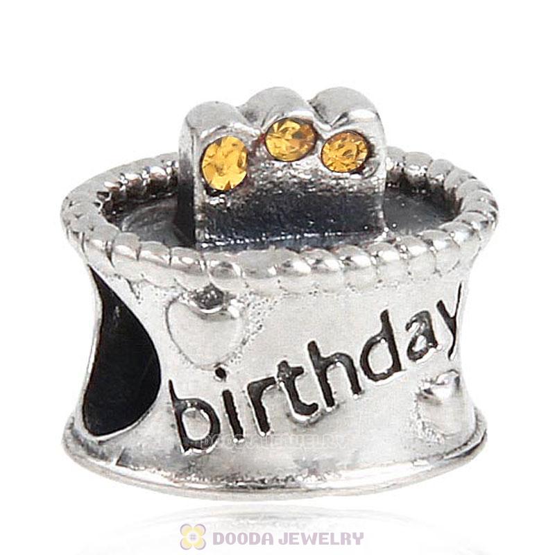 Sterling Silver Birthday Cake Charm Beads with Topaz Austrian Crystal Wholesale