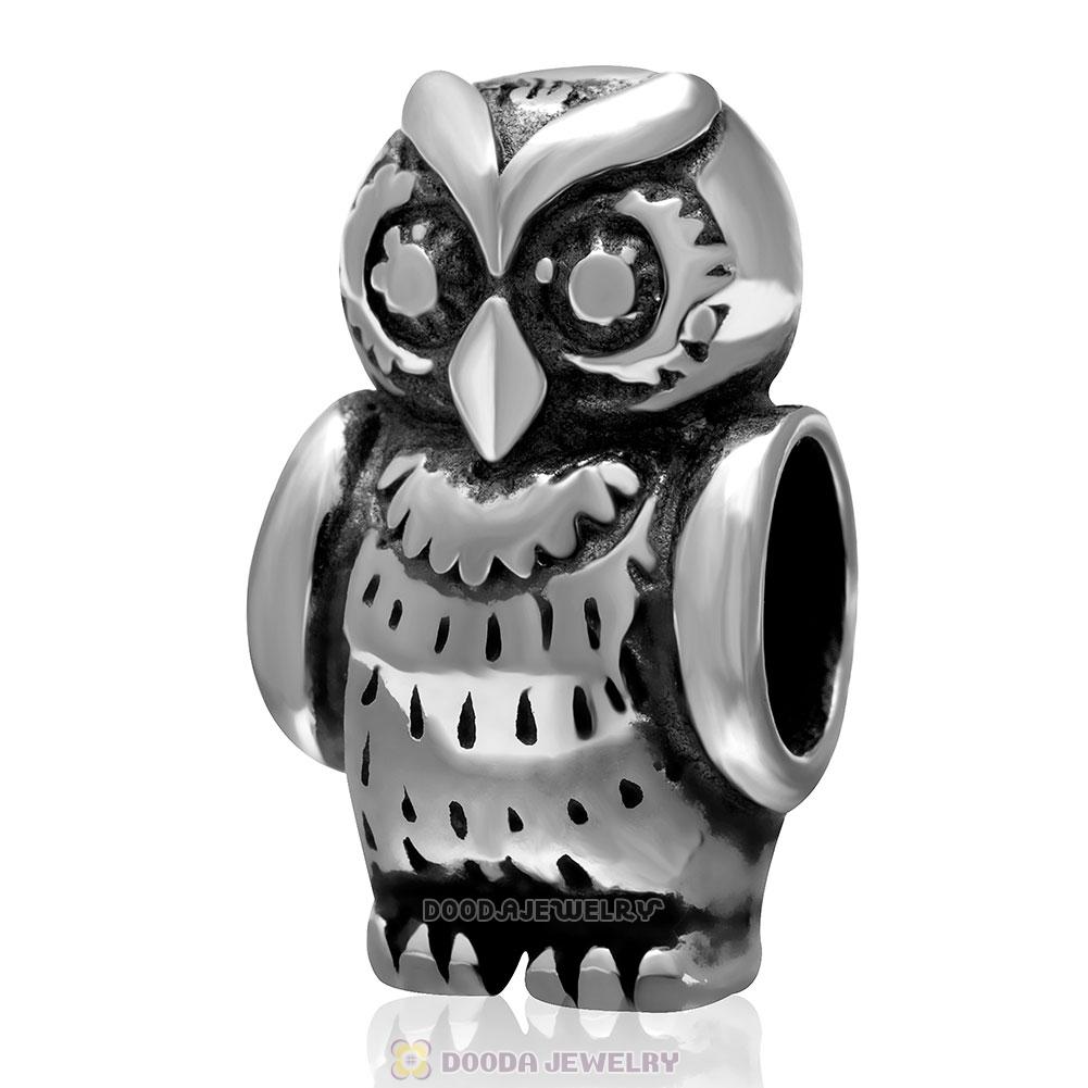 Antique 925 Sterling Silver Thick Owl European Charm Bead 